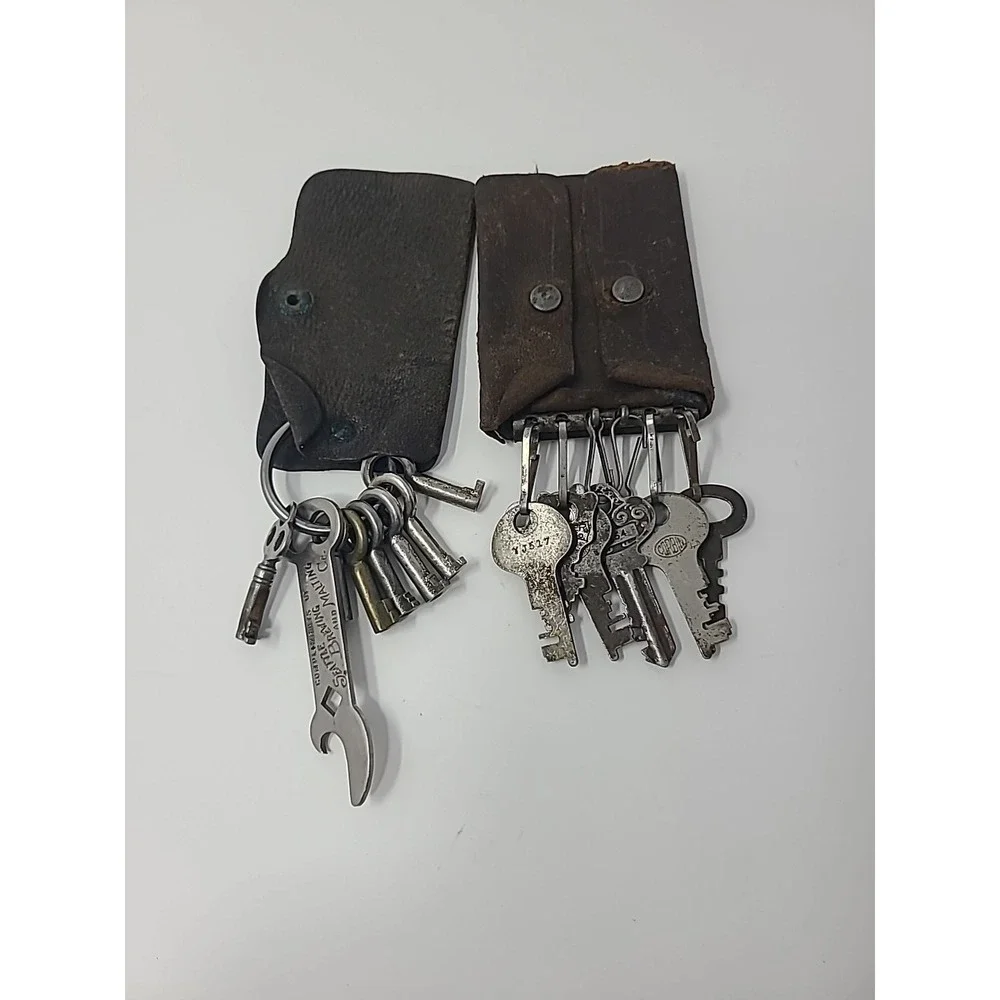 Collection Of 17 Skeleton And Other Vintage Keys With Leather Key Holders